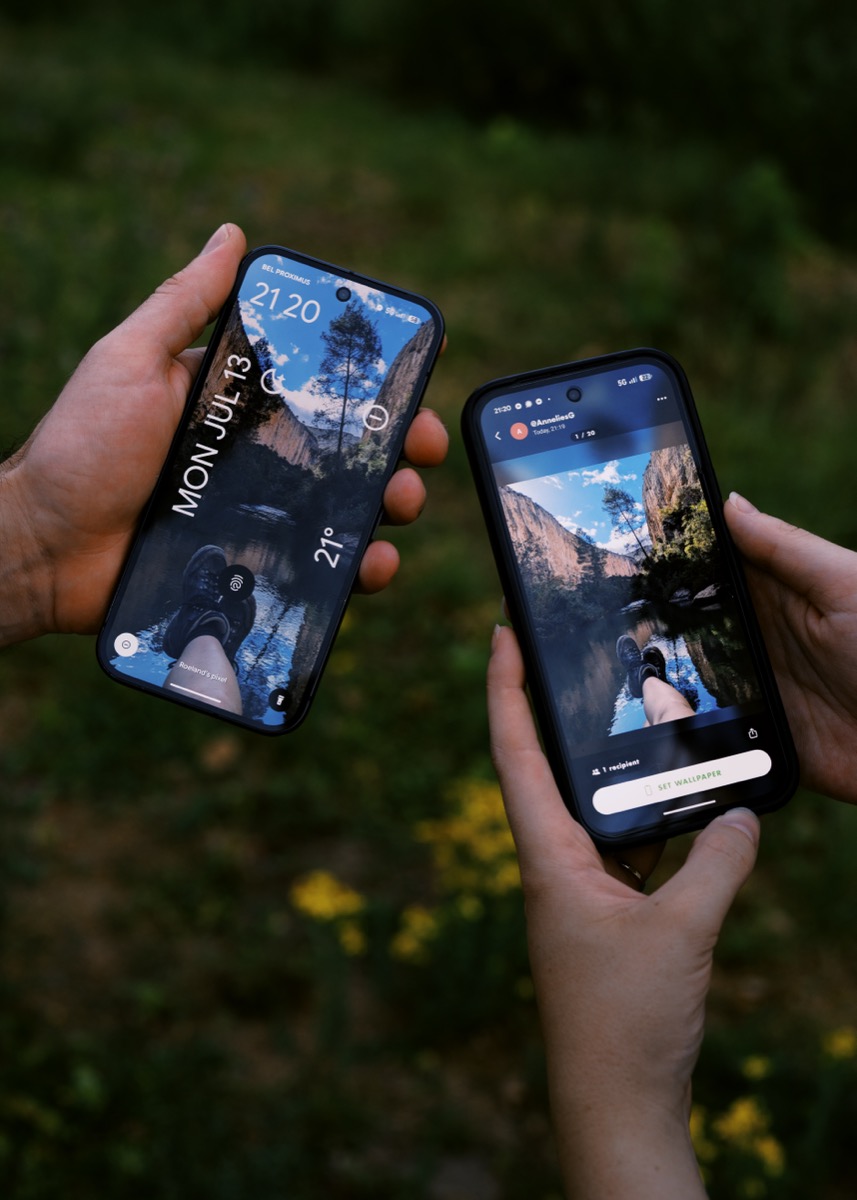 Two phones — one sending a claim, the other showing it applied as a lock-screen wallpaper